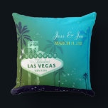 Fabulous Las Vegas Wedding Couple Keepsake Throw Pillow<br><div class="desc">Famous Las Vegas street sign, lovely palm trees and starry teal & moss green sky illustrated on custom Cushions. Easy to personalize the sample text with your own wording to create a stylish & whimsical wedding, engagement, bridal shower, bachelorette party or anniversary gift! ((You can find the matching wedding essentials...</div>