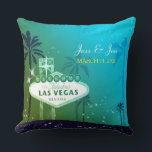 Fabulous Las Vegas Wedding Couple Keepsake Throw Pillow<br><div class="desc">Famous Las Vegas street sign, lovely palm trees and starry teal & moss green sky illustrated on custom Cushions. Easy to personalize the sample text with your own wording to create a stylish & whimsical wedding, engagement, bridal shower, bachelorette party or anniversary gift! ((You can find the matching wedding essentials...</div>