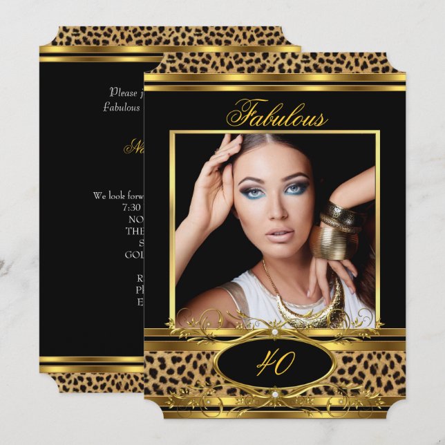 Fabulous Leopard Birthday Party Black Gold Photo Invitation (Front/Back)
