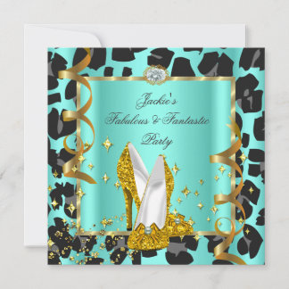 Fabulous Leopard Teal Yellow Gold Birthday Party Invitation