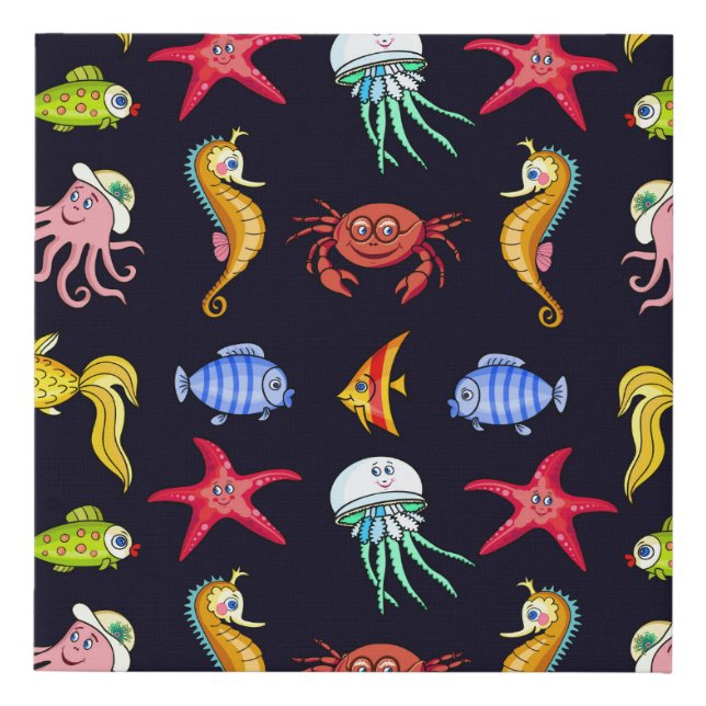 Fabulous nautical pattern with a fun orange sea ho faux canvas print (Front)