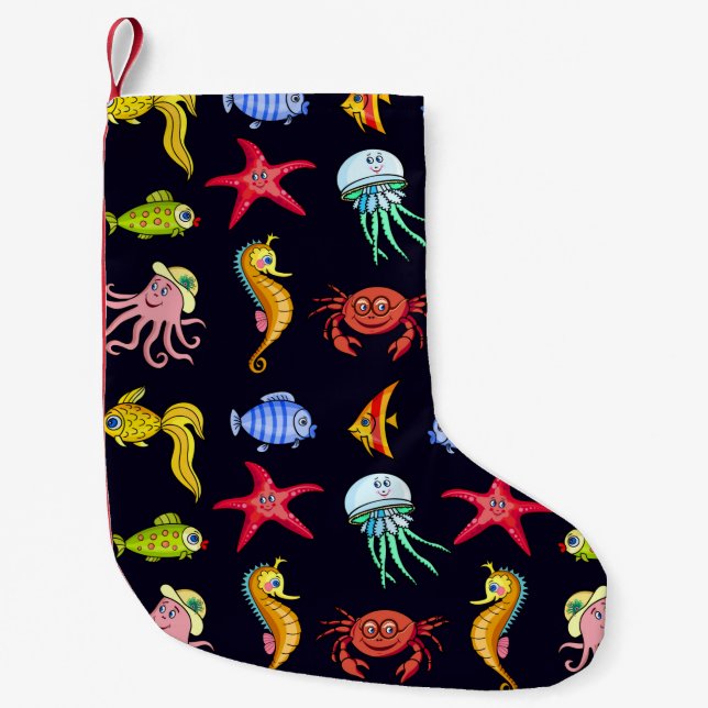 Fabulous nautical pattern with a fun orange sea ho small christmas stocking (Front)