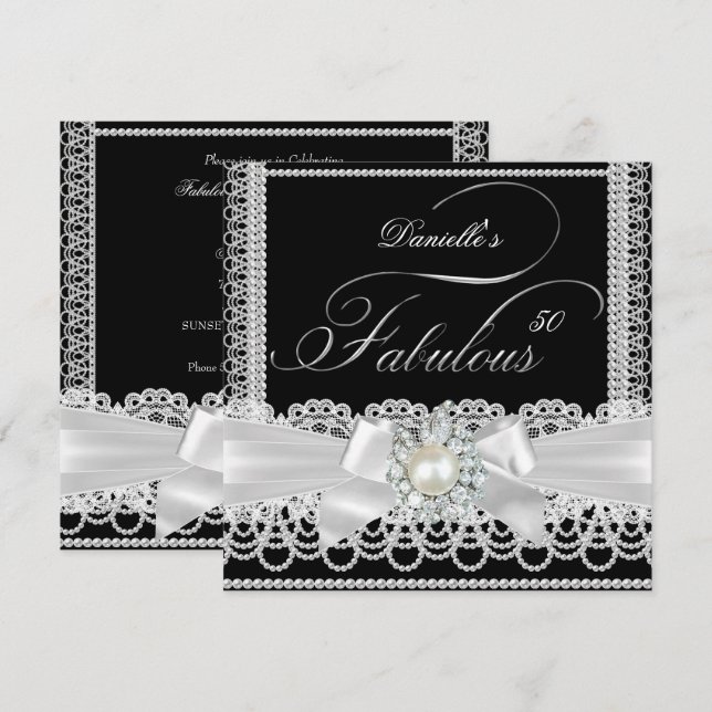 Fabulous Party Black White Pearl Lace Bow Invitation (Front/Back)