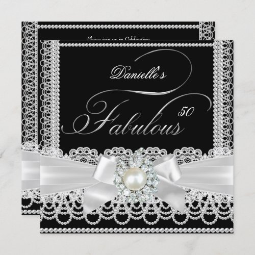 Fabulous Party Black White Pearl Lace Bow Invitation