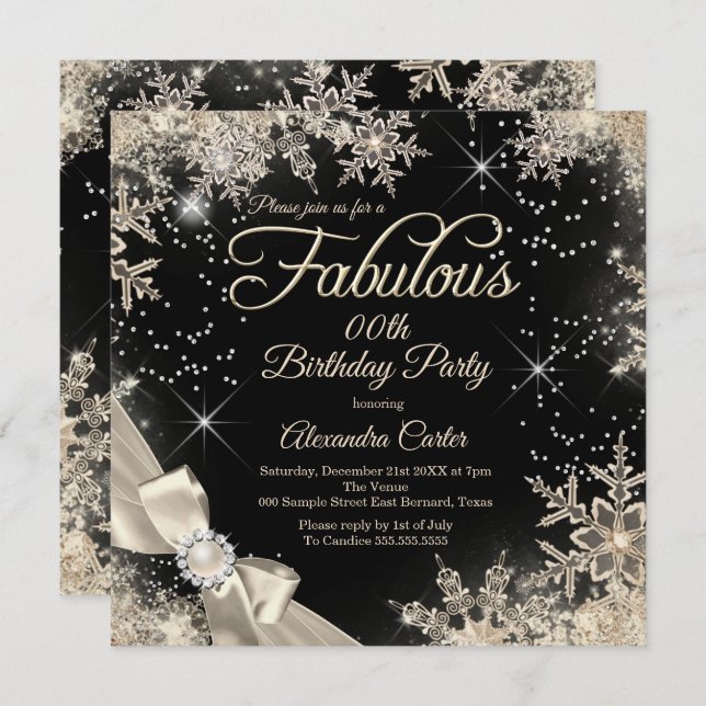 Fabulous Party Pearl Bow Beige Black Snowflake Invitation (Front/Back)