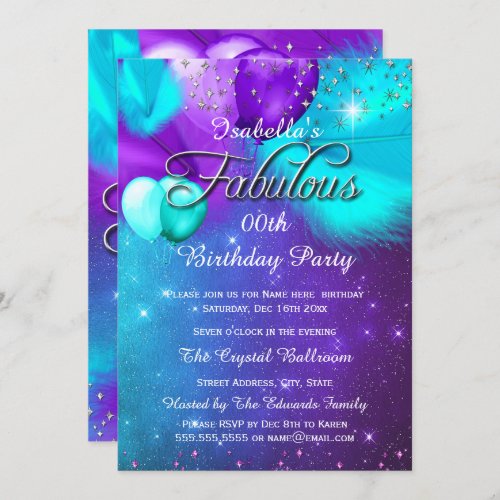 Fabulous Party Teal Blue Purple Silver Balloons Invitation