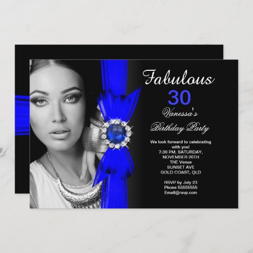 Fabulous Photo Birthday Party Royal Blue Black Invitation