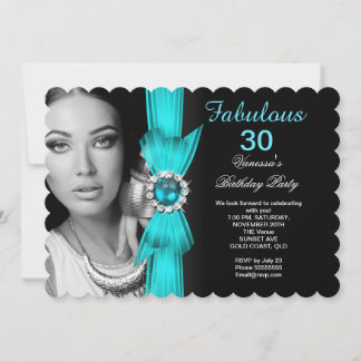Fabulous Photo Birthday Party Teal Blue Black Invitation