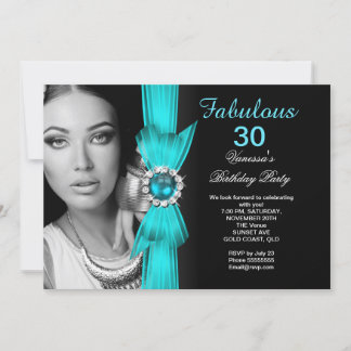 Fabulous Photo Birthday Party Teal Blue Black Invitation
