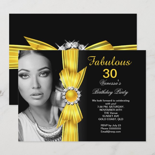 Fabulous Photo Birthday Party Yellow Black Invitation (Front/Back)