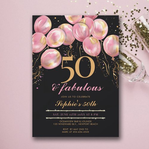 Fabulous Pink Balloons Gold Black 50th Birthday Invitation