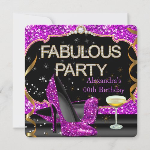 Fabulous Pink Purple Black Glitter Birthday Party Invitation