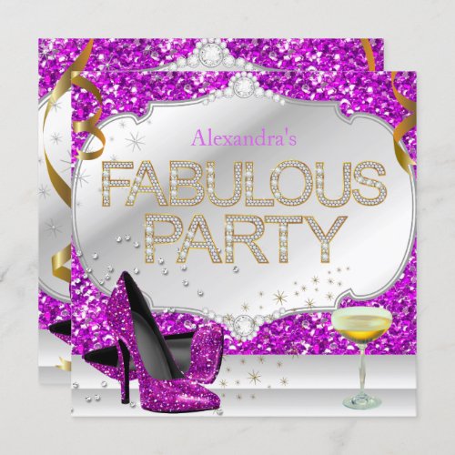 Fabulous Pink Purple Silver Glitter Birthday Party Invitation