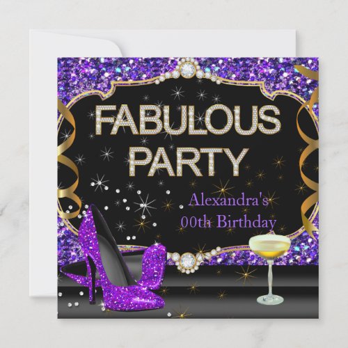 Fabulous Purple Black Glitter Birthday Party Invitation