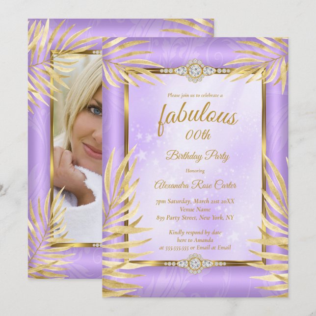 Fabulous purple diamond Gold Palms Party Invitation (Front/Back)
