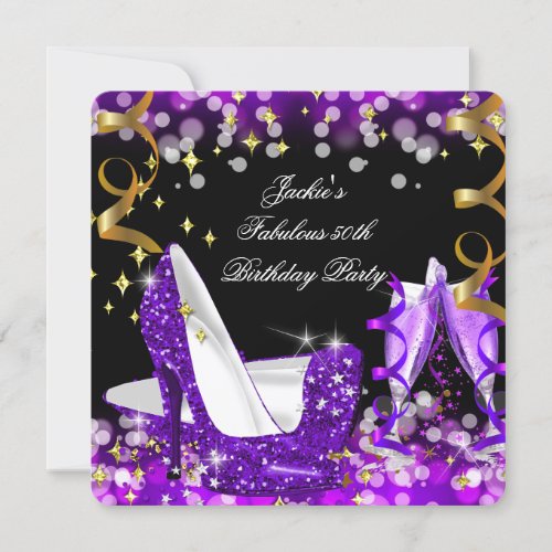 Fabulous Purple Glitter High Heel 50th Birthday 2 Invitation