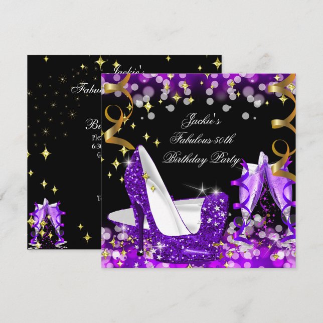 Fabulous Purple Glitter High Heel 50th Birthday Invitation (Front/Back)