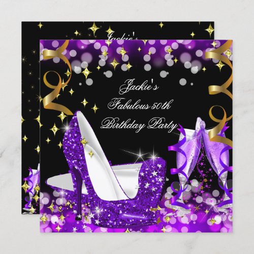 Fabulous Purple Glitter High Heel 50th Birthday Invitation