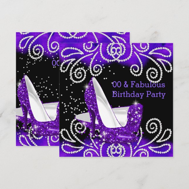 Fabulous Purple Glitter High Heels Birthday Party Invitation (Front/Back)
