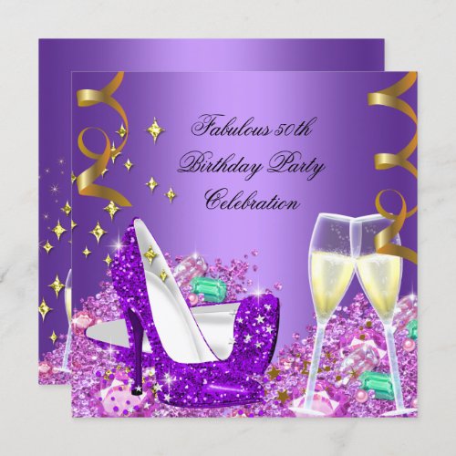 Fabulous Purple Glitter High Heels Champagne Invitation