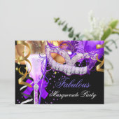 Fabulous Purple Gold Black Masquerade Party 3 Invitation (Standing Front)