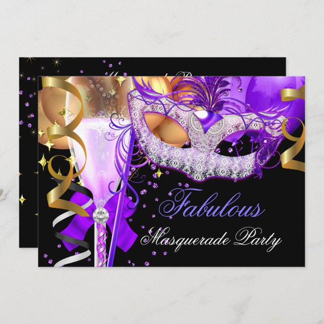 Fabulous Purple Gold Black Masquerade Party 3 Invitation (Front/Back)