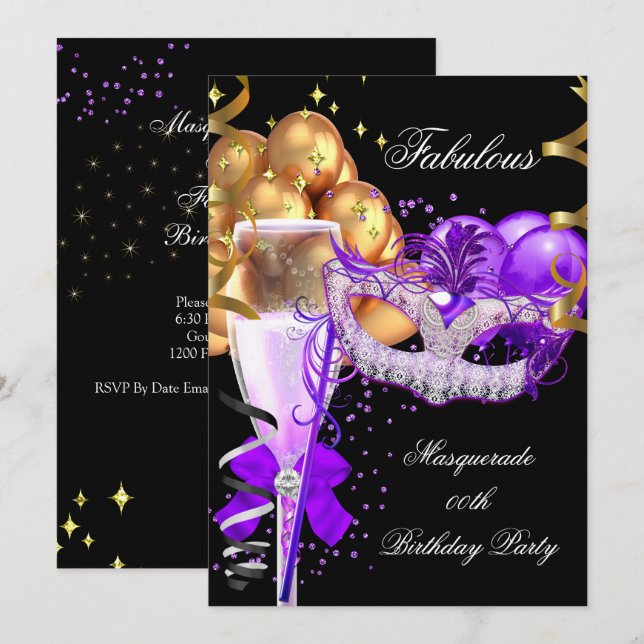 Fabulous Purple Gold Black Masquerade Party 4 Invitation (Front/Back)