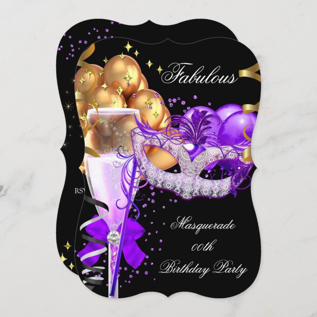 Fabulous Purple Gold Black Masquerade Party 4 Invitation (Front/Back)