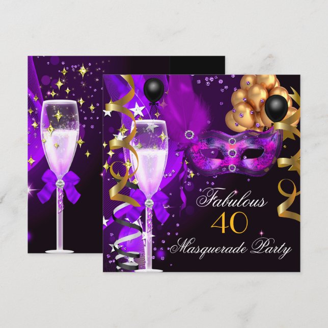 Fabulous Purple Gold Black Masquerade Party Invitation (Front/Back)