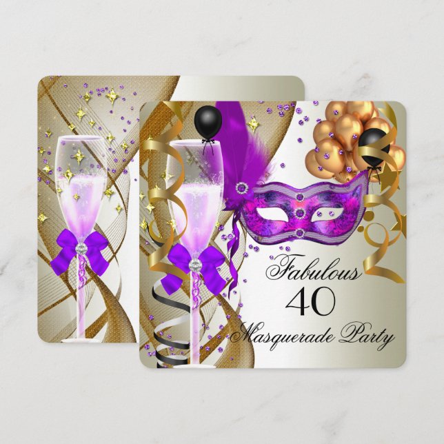 Fabulous Purple Gold Cream Black Masquerade Party Invitation (Front/Back)