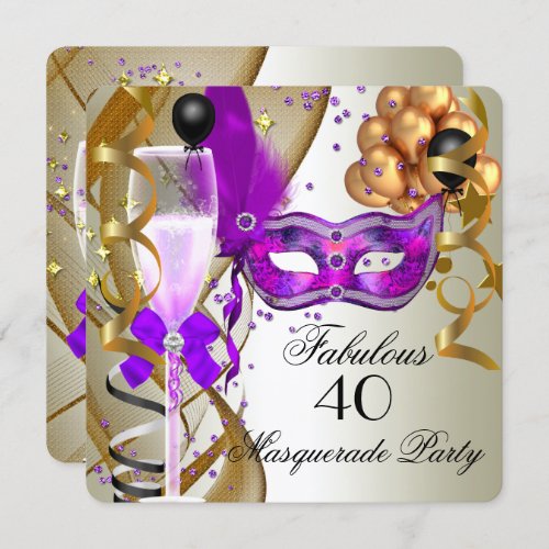 Fabulous Purple Gold Cream Black Masquerade Party Invitation