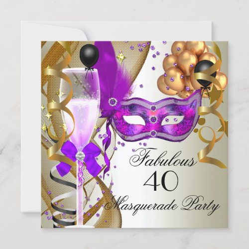 Fabulous Purple Gold Cream Black Masquerade Party Invitation