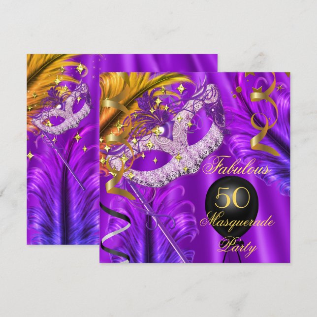 Fabulous Purple Gold Masquerade Birthday Party Invitation (Front/Back)