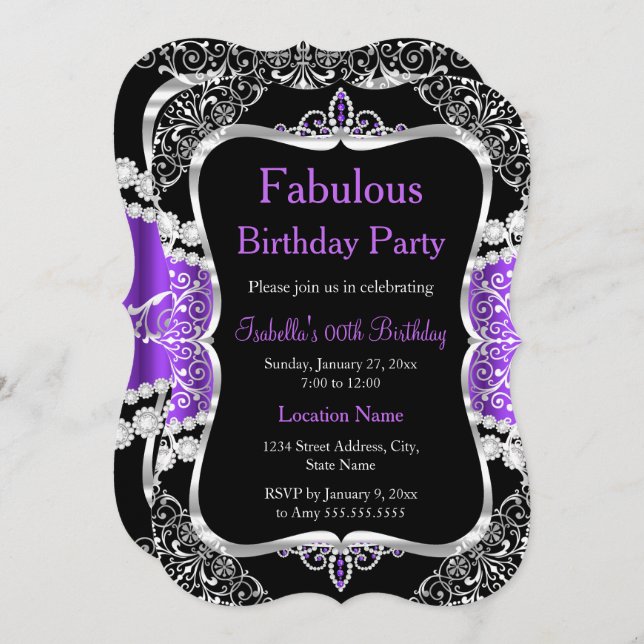 Fabulous Purple Silver Black Party Invitation (Front/Back)