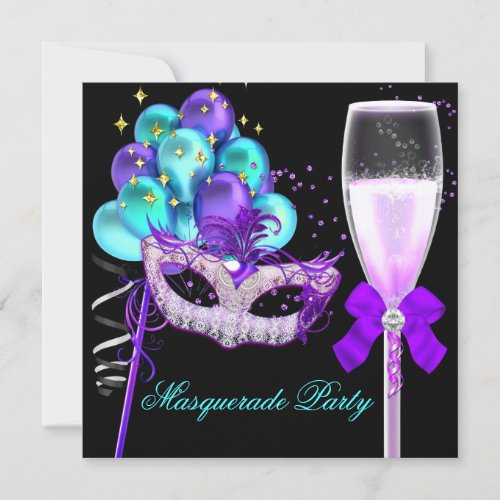 Fabulous Purple Teal Black Masquerade Party 2 Invitation