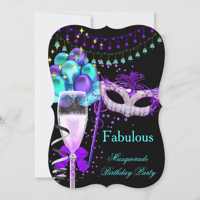 Fabulous Purple Teal Black Masquerade Party 3 Invitation (Front)