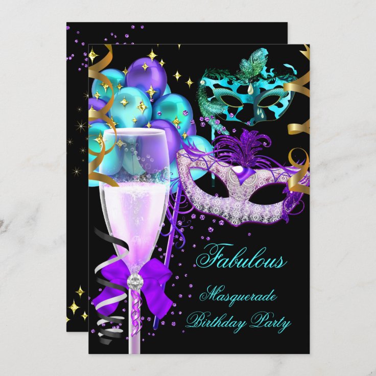 Fabulous Purple Teal Black Masquerade Party Invitation Zazzle