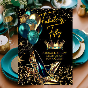 Fabulous Queen Teal Crown Gold heels Birthday Invitation