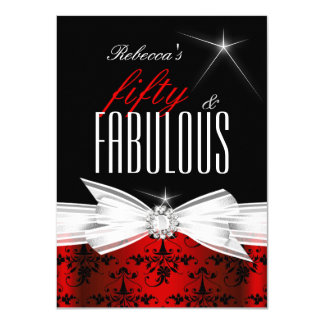 Fabulous Red Black Damask 50th Birthday Party Card