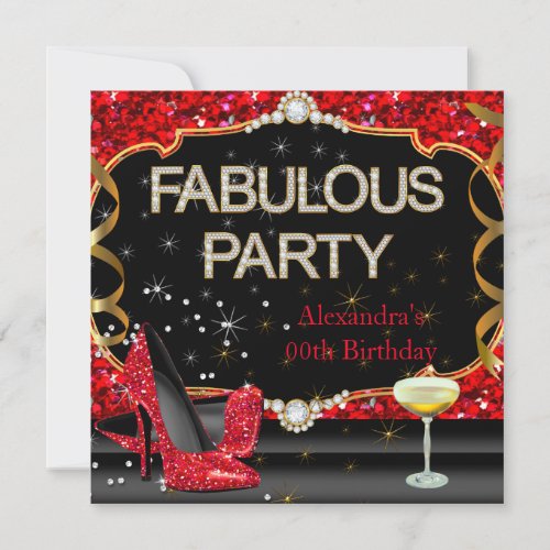 Fabulous Red Black Glitter Birthday Party Invitation