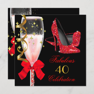 Fabulous Red Glitter Heels Black Gold Birthday Invitation
