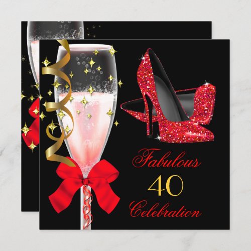 Fabulous Red Glitter Heels Black Gold Birthday Invitation