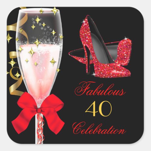 Fabulous Red Glitter Heels Black Gold Birthday Square Sticker