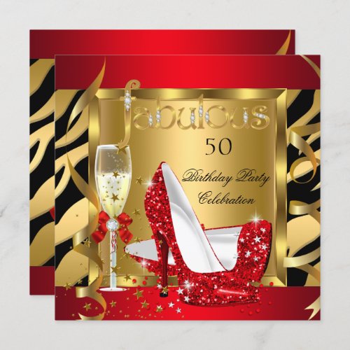 Fabulous Red Glitter Heels Zebra Champagne Party Invitation