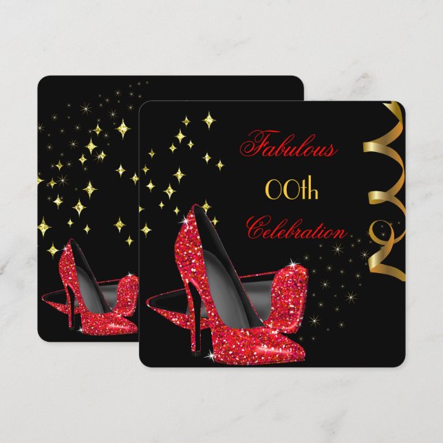 Fabulous Red Glitter High Heels Black Birthday Invitation (Front/Back)