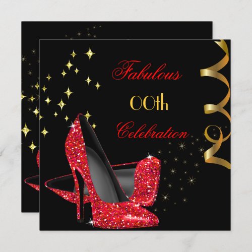Fabulous Red Glitter High Heels Black Birthday Invitation