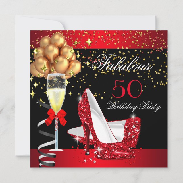 Fabulous Red Heels Gold Black Birthday Party 2 Invitation (Front)