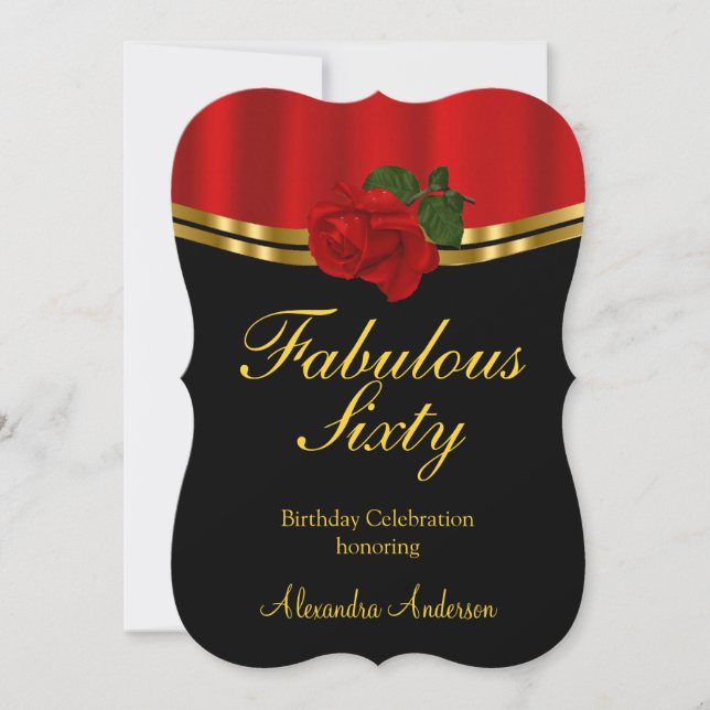 Fabulous Red Rose Birthday Party Gold Black Invitation (Front)