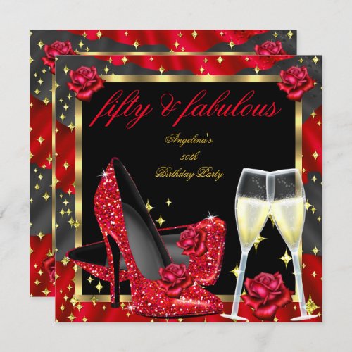 Fabulous Red Roses Black Champagne Heels Birthday Invitation