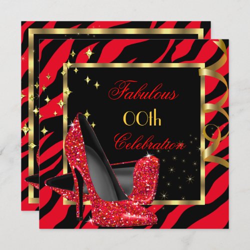 Fabulous Red Zebra High Heels Black Birthday Invitation